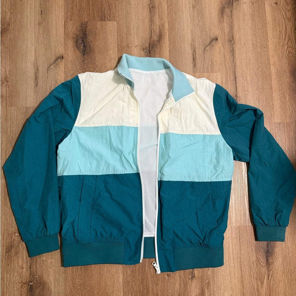 Zara Teal and Cream Windbreaker Jacket